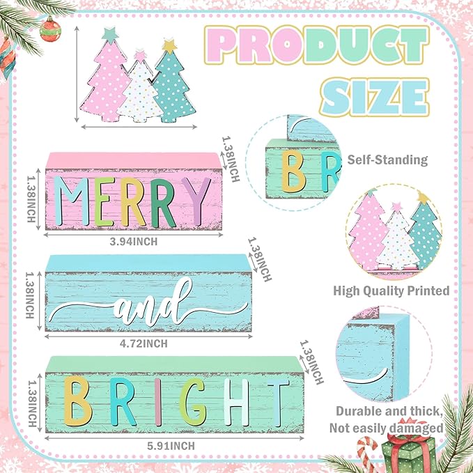 Geelin 4 Pcs Christmas Tree Table Sign Candy Color Wooden Decorative Signage Xmas Tiered Tray Decor Christmas Centerpieces Farmhouse Wooden Block Set Xmas Table Sign for Home