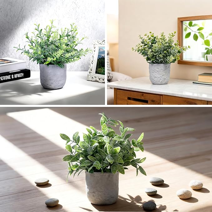 FGSAEOR Mini Potted Fake Plants, Small Artificial Greenery Realistic Plants Topiaries, Low Maintenance, for Home Office Shelf Desk Farmhouse Room Coffee Table Decor (3-Pack) (Grey (Round Pot))