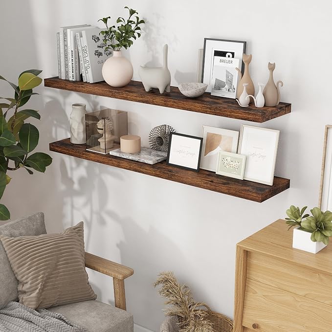 Floating Shelves 55 Inch Long, 55"W x 9.3"D Wall Shelf Invisible Bracket, 9.3 Inch Deep Floating Shelf for Wall, Rustic Wooden Shelves for Living Room, Kitchem, Bedroom, Rustic Brown Color, Set of 1