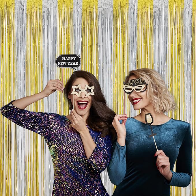 Gold Tinsel Backdrop Party Decorations, Melsan 3.2 x 8 ft Foil Fringe Curtains for Birthday, Anniversary, Graduation, New Year Eve, Pack of 2