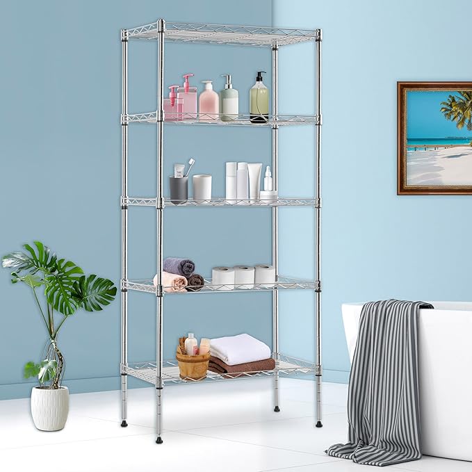 BestOffice | 5-Tier Wire Storage Shelves | 22x12x48 | Chrome | with Adjustable Racks | Heavy-Duty Metal Shelf, Holds Upto 750 lbs | No-Tool Assembly | Ideal for Home & Garage Shelving