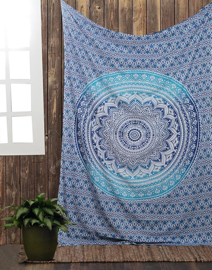 RAJRANG Small Mandala Tapestry for Bedroom and Living Room Bohemian Wall Hanging Cotton Tapestries Blue Ombre 60x50 Inch