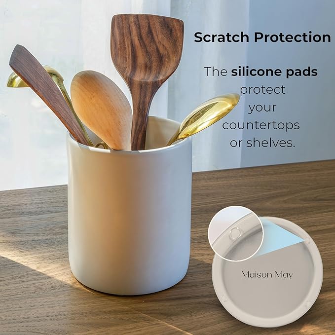 Ceramic Large Kitchen Utensil Holder for Countertop, 7"x5.9", Stable & Sturdy, Cooking Utensils Holder, Smooth & Matte Cream Color,Silicone Pads, Utensil Organizer for Kitchen Counter Decor