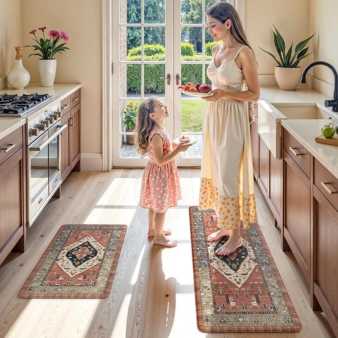 KIMODE Farmhouse Kitchen Mats,Anti Fatigue Kitchen Rugs Sets of 2, Non Slip Waterproof Kitchen Floor Mats, Ergonomic Cushioned Comfort Standing Mat for Laundry, Office, Sink,Desk,Red