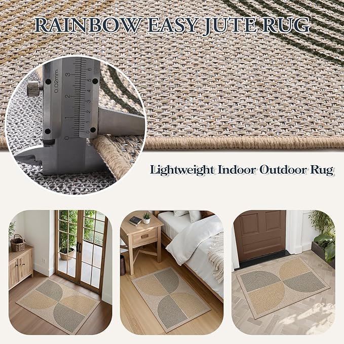 Lahome Rainbow Easy Jute Rug, 2x3 Entryway Rug Indoor Outdoor Front Door Mat, Farmhouse Neutral Non Slip Non Shedding Washable Kitchen Mats for Floor Foyer