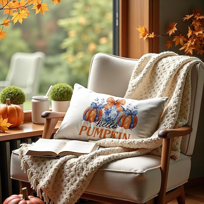 Chinoiserie Fall Hello Pumpkin Pillow Covers 20x12,Autumn Decor,Blue and White Orange Chinoiserie Pumpkin Decorative Throw Pillow Covers for Home Bedroom Living Room