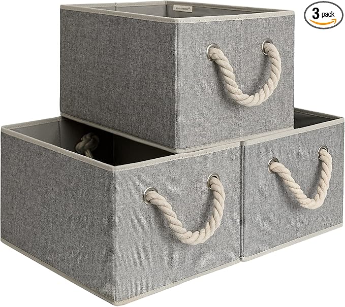 StorageWorks Storage Baskets for Shelves, Foldable Fabric Closet Storage Bins with Handles, Fabric Storage Bins Clothes Organizer, Gray, 3-Pack, Large