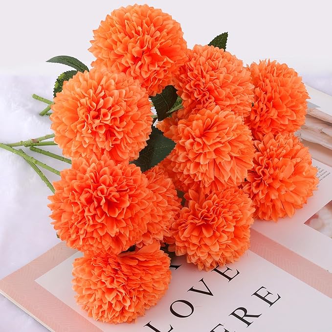 Hananona 12 Pcs Artificial Chrysanthemums Flowers Marigolds Ball Flower, Orange Fake Mums Silk Fall Flowers for Autumn Dia de Los Muertos Home Decor Day of The Dead Table Centerpiece (12, Orange)