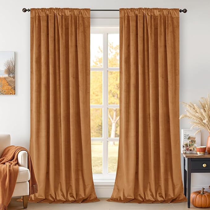 BGment Velvet Curtains 90 inches Long - Burnt Orange Blackout Velvet Curtains for Bedroom Living Room Thermal Insulated Room Darkening Fall Decor Drapes Rod Pocket and Back Tab, 2 Panels, 52 x 90 Inch
