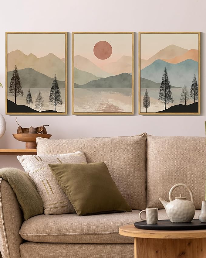 KUVIOKE Vintage Landscape Framed Wall Art Mountain Range Wall Decor Ink Wash Watercolor Nature Laker Sun Rises Prints Bedroom Living Dining Room Ready to Hang 11x14in (Natural Framed)