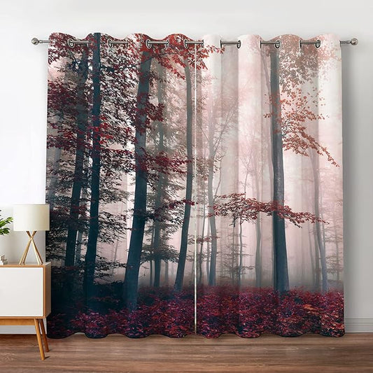 Jekeno Fall Tree Forest Blackout Curtains Autumn Orange Leaves Mystic Foggy Forest Fall Nature Scenery Wood Room Decor for Halloween Bedroom Living Room Grommet Window Drapes 2 Panel Set, 42"x84"
