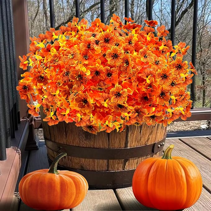 Artificial Fall Flowers for Outdoors, 10 Bundles Artificial Plants UV Resistant Fall Fake Plants for Outside Halloween Christmas Porch Decoration Fall Decor(Orange(Eucalyptus))