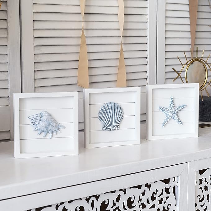 TideAndTales Blue Seashells and Starfish (Framed Set of 3) Coastal 3D Wall Art, Beach Wall Decor for Bathroom or Coastal Bedroom, Ocean Inspired Seaside Decorations for Home or Beach House (7"x7")