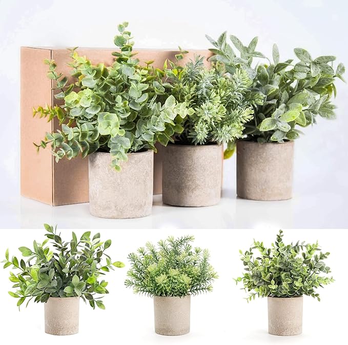 Der Rose 3 Pack Mini Potted Fake Plants Artificial Plastic Eucalyptus Plants Topiaries for Home Office Desk Farmhouse Room Bathroom Decor