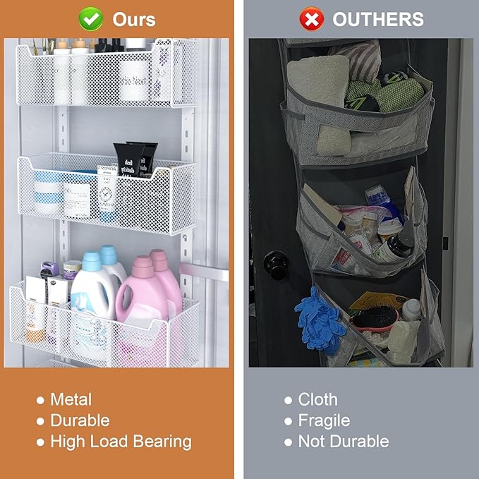 Over The Door Organizer, Metal Door Organizer Hanging with 5 Adjustable Baskets and Coat Hook, Behind The Door Storage for Bedroom Closet Bathroom Pantry Cabinet Kitchen, White