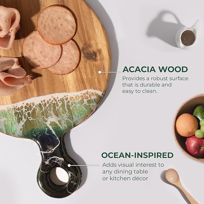 Acacia Wood Cutting Board with Ocean Resin Art, 18.1”x12.9”, Includes Stand & Loofah, Handcrafted Charcuterie Cheese Board & Serving Platter, Great for Décor, Housewarming, Weddings (Round)