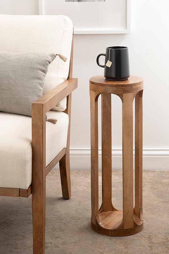 Kate and Laurel Dahl Wooden Round Drink Table; 8 x 23; Natural Brown; Transitional Boho Circle Wood Accent Pedestal Table for Living Room Plant Stand or Small Bedroom Nightstand