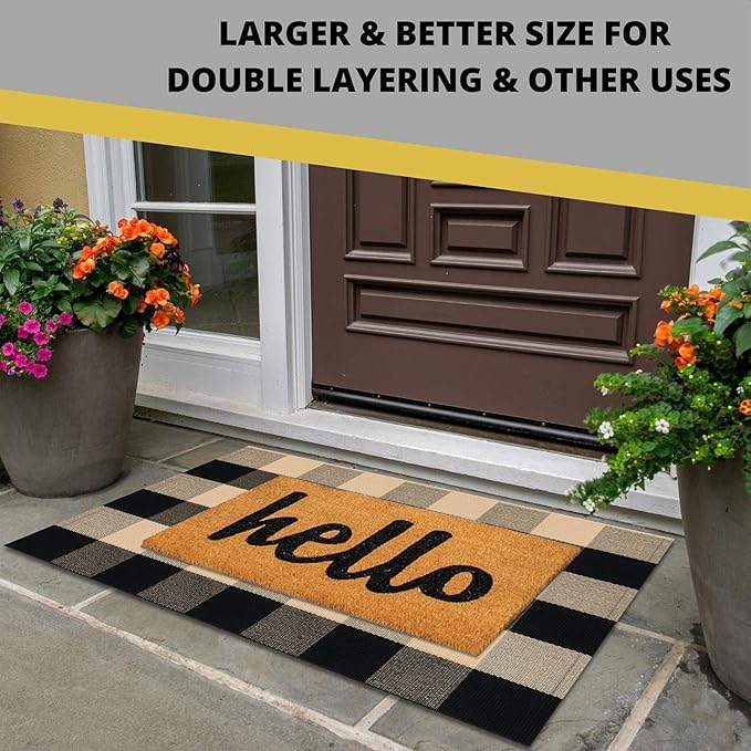 KOZYFLY Buffalo Plaid Area Rugs 2x3 Ft Brown and Black Checkered Rugs Washable Front Door Mat Hand Woven Cotton Outdoor Small Rug for Front Porch Kitchen Entryway Patio Bathroom