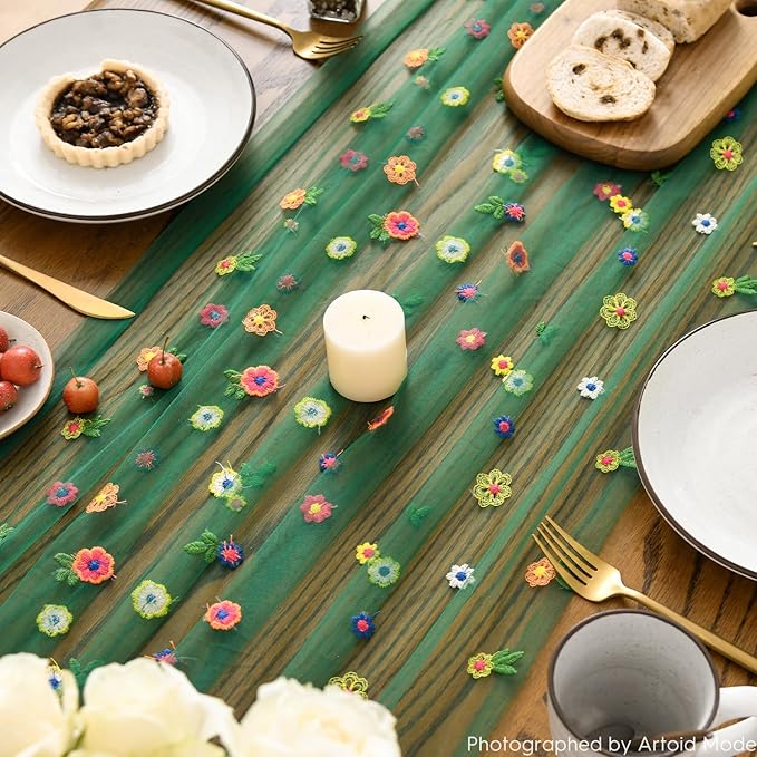 Artoid Mode Dark Green Embroidery Daisy Gauze Table Runner 120 Inch 10FT, Seasonal Sheer Kitchen Dining Holiday Wedding Birthday Table Decor for Home Party