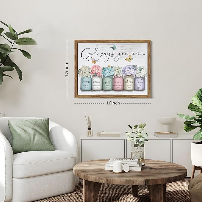 Wood Framed Inspirational Bible Verse Wall Art, Christian God Says You Are Wall Decor Paintings, Farmhouse Scripture Mason Jar Flower Pictures Posters Prints for Bathroom Bedroom Home Decor 12x16 Inch