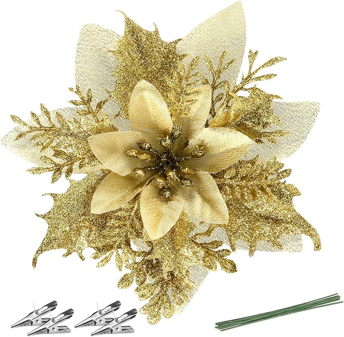 Christmas Poinsettia Artificial Flowers Decorations 5.5" Christmas Tree Wreaths Garland Decoration 12 Pcs Glitter Flowers Picks Decor for Xmas New Year Wedding Party Ornaments (Gold)