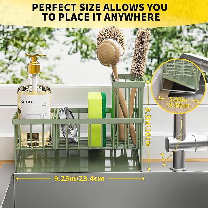 Cisily Kitchen Sink Caddy, Sponge Holder for Kitchen Sink, Kitchen Sink Organzier and Storage with High Brush Holder, 304 Stainless Kitchen Gadgets Sink Accessories, Organizadores de Cocina Sage Green