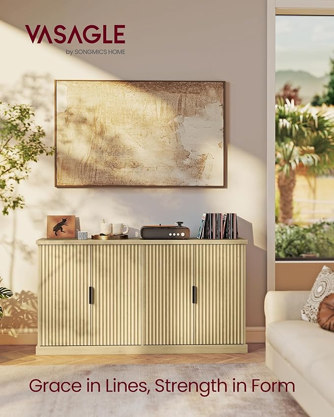 VASAGLE MAXE Collection - Transitional Buffet Cabinet, Console Cabinet, Sideboard with Adjustable Shelves, Fluted Doors, Buffet Table, Kitchen Pantry, Oak Beige UBBK382Y01S