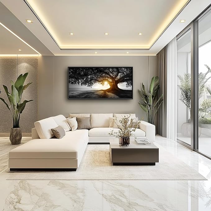 Olivine Tree Wall Art, Sunset Pictures Wall Decor, Black And White Painting, Nature Scenery Canvas Prints, Framed Artwork for Bathroom Bedroom Living Room Office Home Decoration 60"x30"