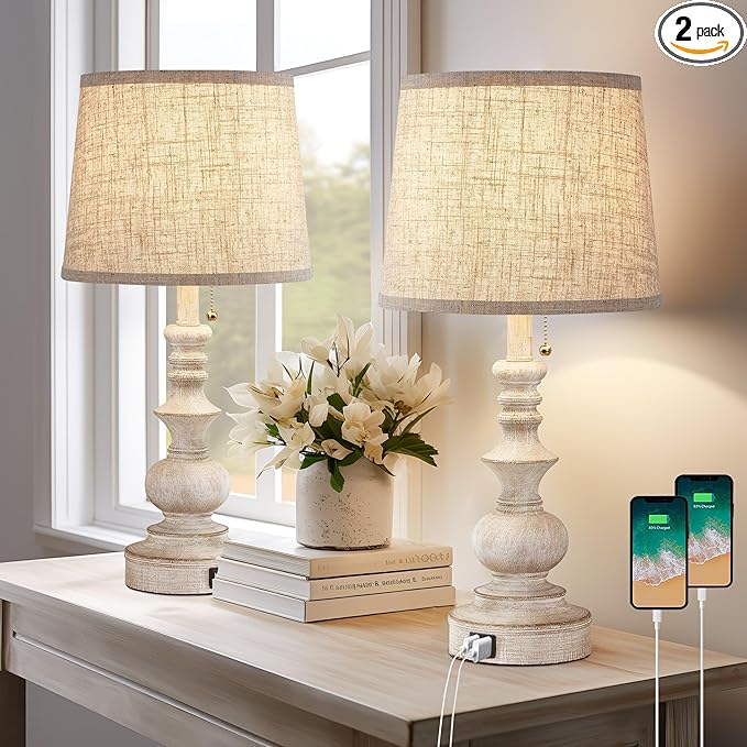 Table Lamps for Bedrooms Set of 2 Farmhouse Bedside Lamps for Nightstand with USB Charging Ports Traditional Side Table Lamps for Living Room Wooden Finish, Pull Chain, Bulbs Not Included