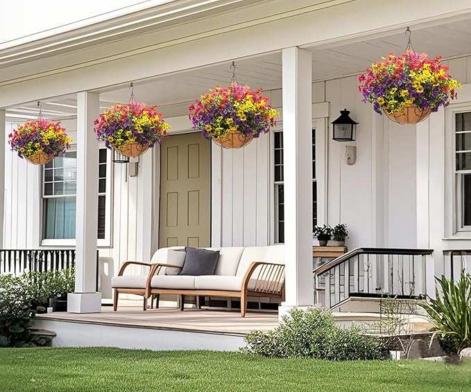 Artificial Hanging Flowers Basket with Colorful Silk Daisies & Eucalyptus - UV/Sun-Resistant Plant for Outdoor Porch, Patio, Balcony - Indoor/Outdoor Home Decor