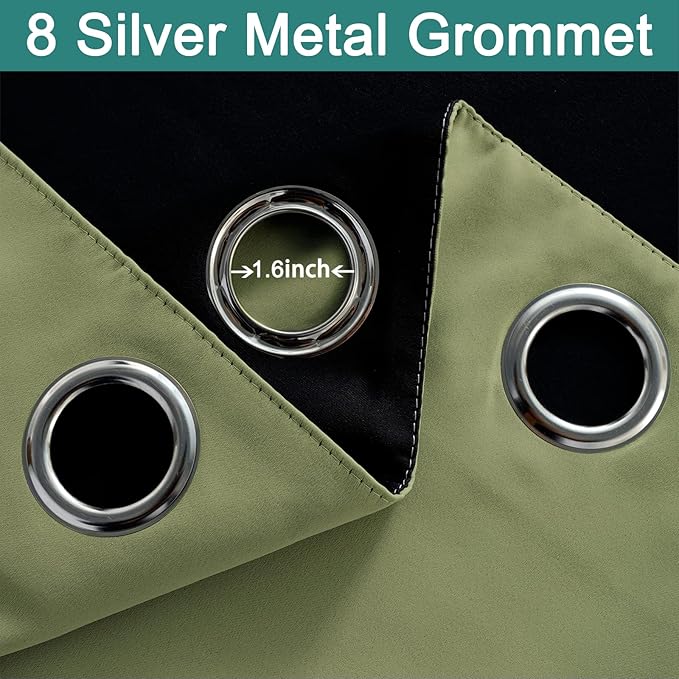 Yakamok 100% Blackout Window Curtain Panels, Heat and Full Light Blocking Drapes with Black Liner for Nursery,Thermal Insulated Draperies (Sage, 2 Pieces, 52Wx63L)