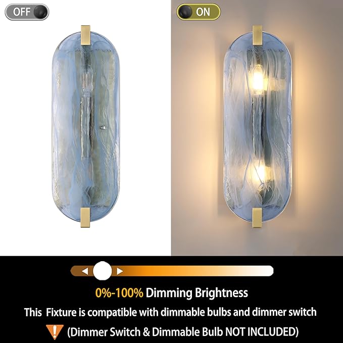 2 Pack 2 Light Oval Blue Glass Bathroom Wall Sconce Modern Concise Style Wall Light Fixture,Brushed Bronze Finish for Bedroom Hallway Bedside