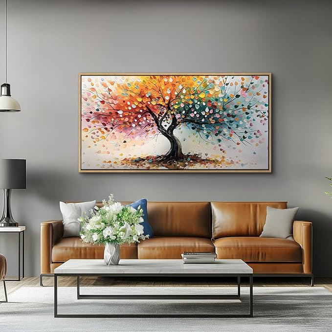 crmotu Tree of Life Large Framed Wall Art, Rainbow Tree Canvas Prints Abstract Painting, Colorful Modern Aesthetic Wall Pictures for Living Room Bedroom Bathroom Home Office Decorations 30"X60"