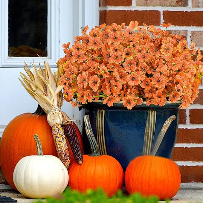 24 Bundles Artificial Fall Flowers for Outdoors, Realistic Fake Silk Flowers for Outside Decoration, Autumn Faux Plants Outdoor Planter Window Box Porch Patio Decor(Orange)