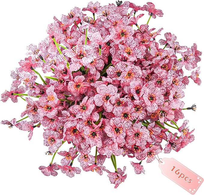 Uieke Artificial Fake Flowers, 16 Bundles Outdoor Plastic Flowers Cemetery Flowers UV Resistant No Fade Floral Arrangements Outside Hanging Planter Home Garden Porch Window Box Décor (Pink)