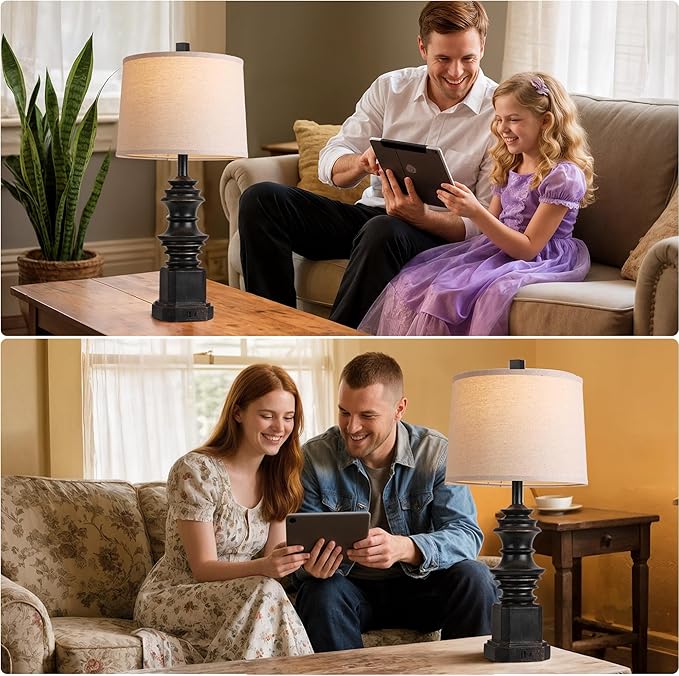 QiMH Table Lamps for Nightstand Set of 2, Bedside Lamp with USB A+C Charging Ports, Farmhouse Table Lamp with Linen Lampshade, Lamps for Living Room, Bedroom Lamps with LED Bulbs, Black