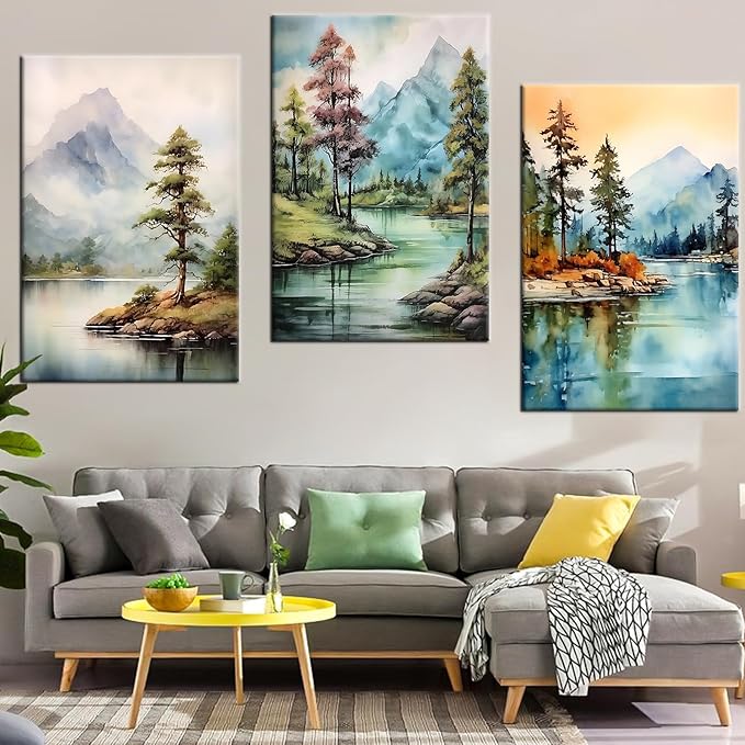 3 Pieces Landscape Canvas Wall Art Large Size Poster Mountain Range Forest Trees Lakes HD Picture Print Artwork for Modern Home Living Room Office Wall Decoration Stretched and Framed [72''Wx 36''H]