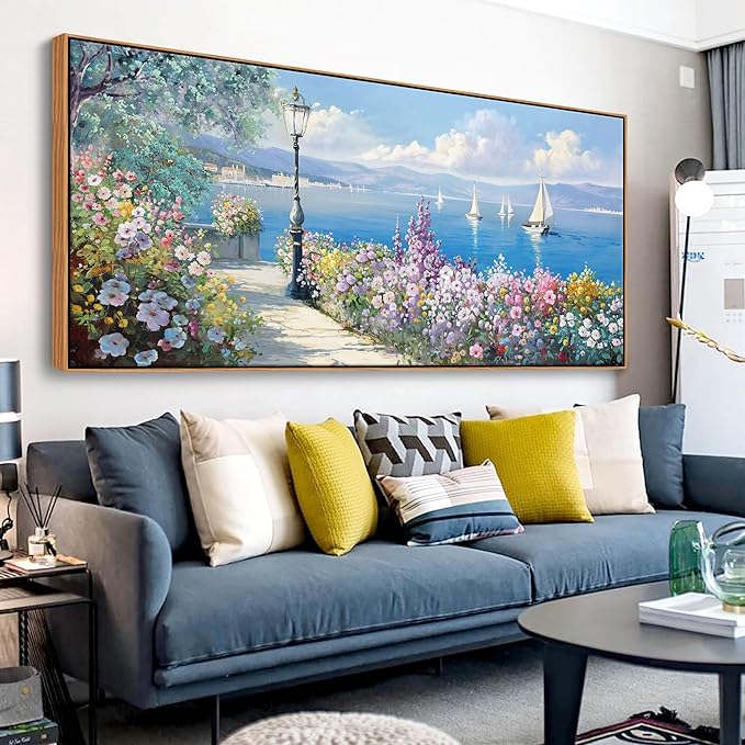 YCPRIMER Extra Large Coastal Wall Art - Sailboat Pictures Ocean Canvas Wall Decor Flowers Paintings Landscape Yellow Artwork Modern Seascape Nautical Decoration Framed for Living Room Bedroom Home Office Decor Size 70x31Inches