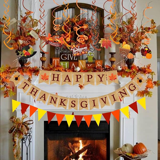 Happy Thanksgiving Burlap Banner Paper Triangular Bunting Maple Leaf Pumpkin Turkey Garland for Thanksgiving Day Welcome Autumn harvest Party Decorations