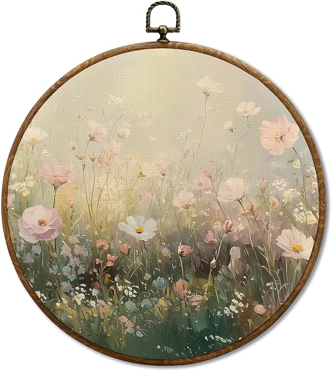 JUIOEIUVintage Wildflower Floral Round Wall Decor, Cottagecore Flower Botanical Framed Canvas Prints, Retro Rustic Floral Wall Art Hanging Decorations for Home Bedroom Living Room Décor Accents Decor, 10x10in
