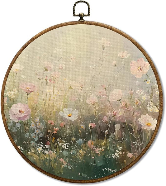 JUIOEIUVintage Wildflower Floral Round Wall Decor, Cottagecore Flower Botanical Framed Canvas Prints, Retro Rustic Floral Wall Art Hanging Decorations for Home Bedroom Living Room Décor Accents Decor, 10x10in