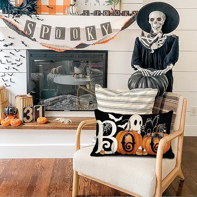 Baccessor Halloween Pillow Cover 12x20 Inch, Black Boo Ghost Spooky Lumbar Pillow Case Halloween Decor for Cushion Sofa Couch Indoor Outdoor Decoration 1 Piece