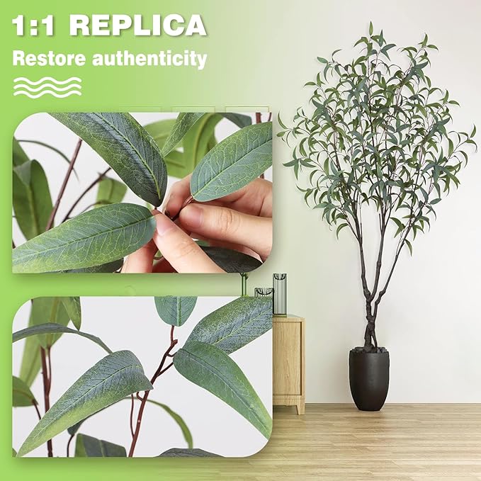 Artificial Eucalyptus Tree 7ft(84in) Faux Floor Potted Tree for Indoor Decor Large Realistic Trees Plants with Silk Leaves and Natural Wood Trunk for Home Living Room,Office Foyer Decor.