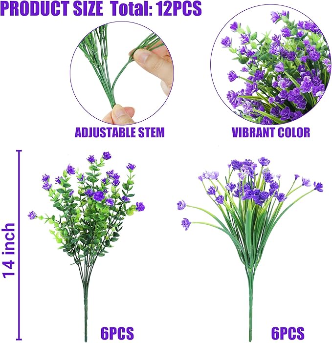 Sggvecsy Artificial Flowers for Outdoors 12 Bundles UV Resistant Boxwood Shrubs Artificial Eucalyptus Fake Plants Faux Plastic Greenery for Farmhouse Garden Home Indoor Outdoor Decoration（Purple）