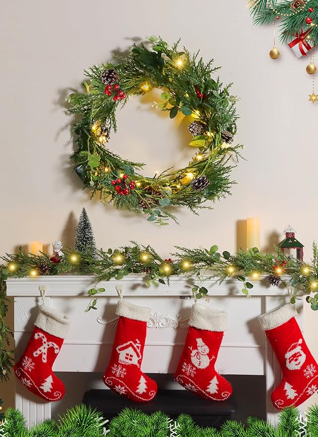 Brightown Christmas Garland with Lights, 6 Ft LED Battery Operated Christmas Lights with Pine Cones, Berry, Eucalyptus Leaves, Indoor Christmas Decorations for Stairs Fireplace Door, 2 Pack