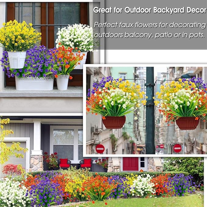 TURNMEON 20 Bundles Artificial Flowers for Outdoors Fake Plants Summer Decor, UV Resistant Artificial Plants Cemetery Fake Flowers Faux Plastic Greenery Shrubs for Home Porch Decor 580 Heads(Purple)