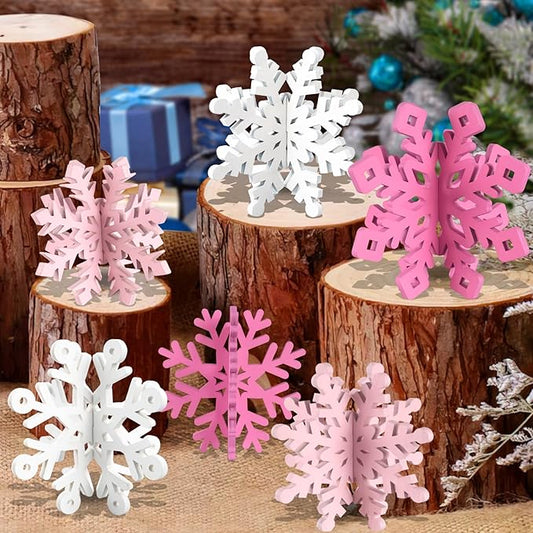 OuMuaMua 6 Set Snowflake Christmas Table Decorations - 12pcs Pink White Wooden 3D Snowflake Decor Tabletop Centerpiece for Christmas Party Supplies Home Decor