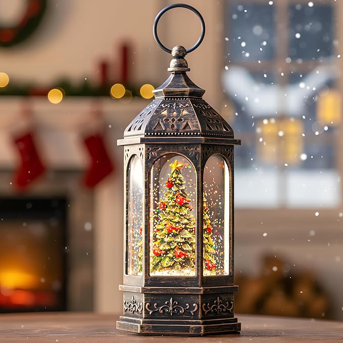 Christmas Snow Globe Lantern Water Glittering Christmas Tree with Cardinal, USB Lined/Battery Operated Lighted Lantern for Christmas Festival Decoration Gifts