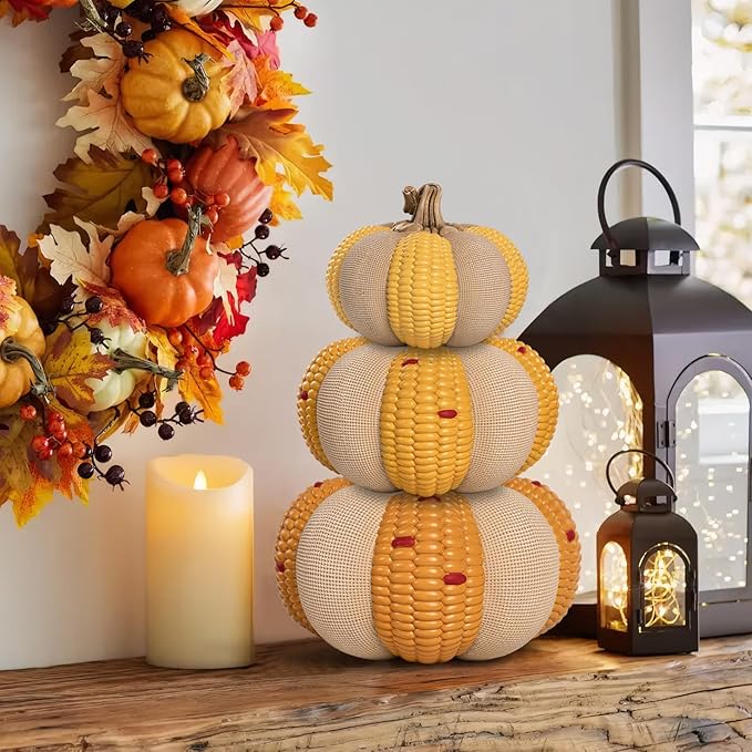 Set of 3 Decorative Corn Pumpkins, Fall Resin Stackable Pumpkins for Decorating, Thanksgiving Harvest Autumn Seasonal Outdoor Porch Decor, Indoor Table Centerpiece Mantel Home Decorations