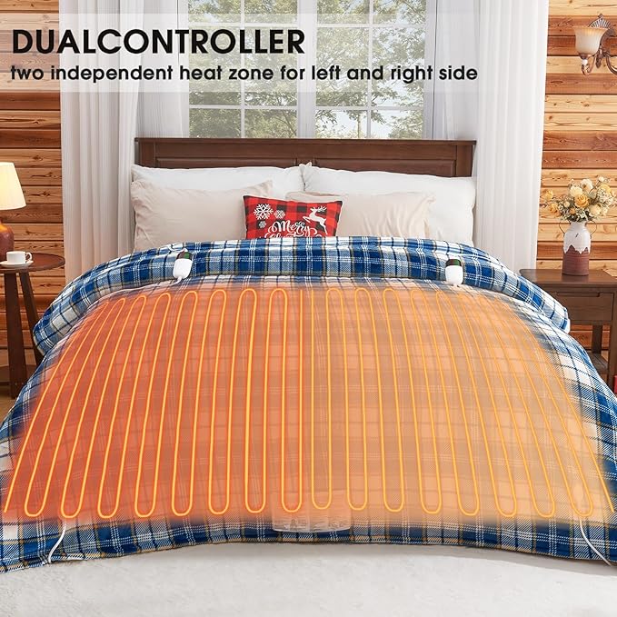 Heated Electric Blanket Queen Size, 84X90 Heating Blanket Queen with Dual Control&10 Heats Levels&Timer for Bed,Blue Plaid Sherpa Soft Blankets Warmer Gift for Grandma Women Adults, Washable,ETL